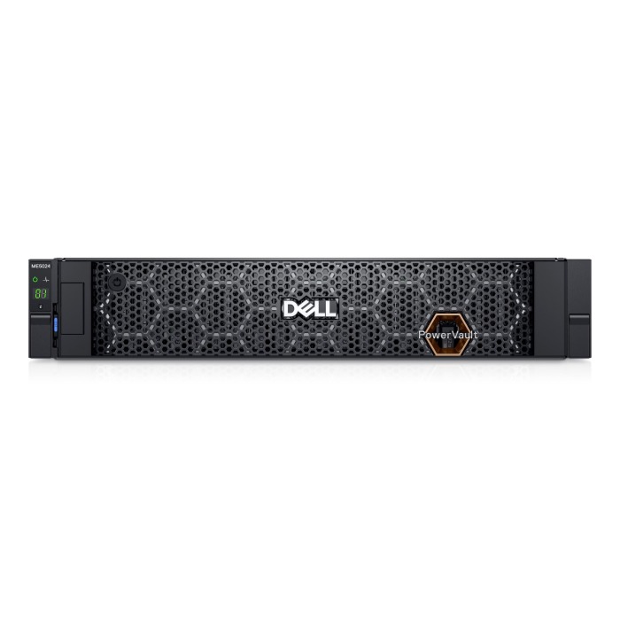 Dell PowerVault Festplattenarray ME5024 mit 2x iSCSI (10/25GbE SFP28) controller, 6x 3.84TB SSD SAS, 2x 580W AC Netzteil, Montageschienen, Abdeckung