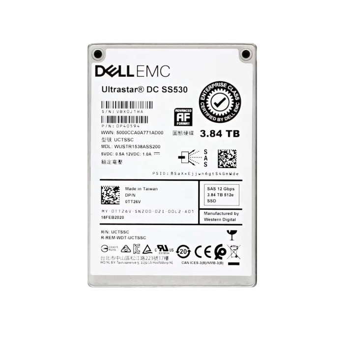 Hard drive Dell 3.84TB SSD SAS 12G 2.5" TLC RI Instant Secure Erase 512e TT26V